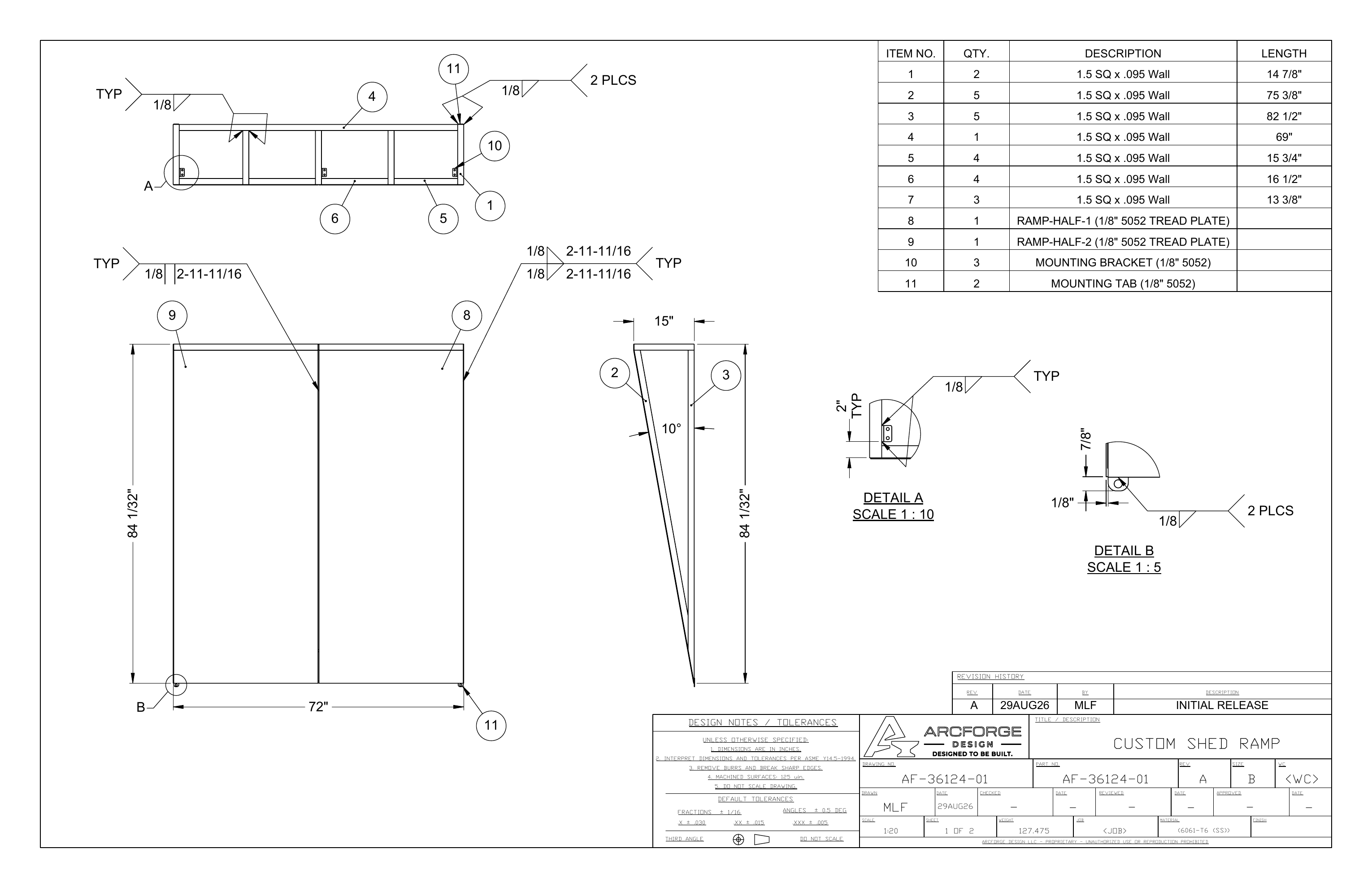 Fabrication drawing for the custom aluminum shed ramp