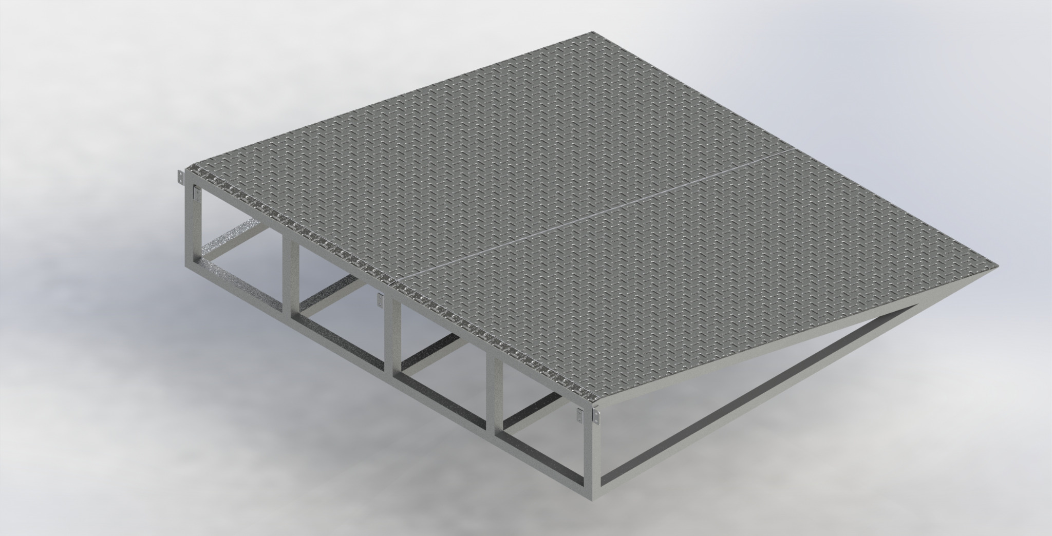 Rear rendering showing the welded square-tube frame beneath the aluminum shed ramp