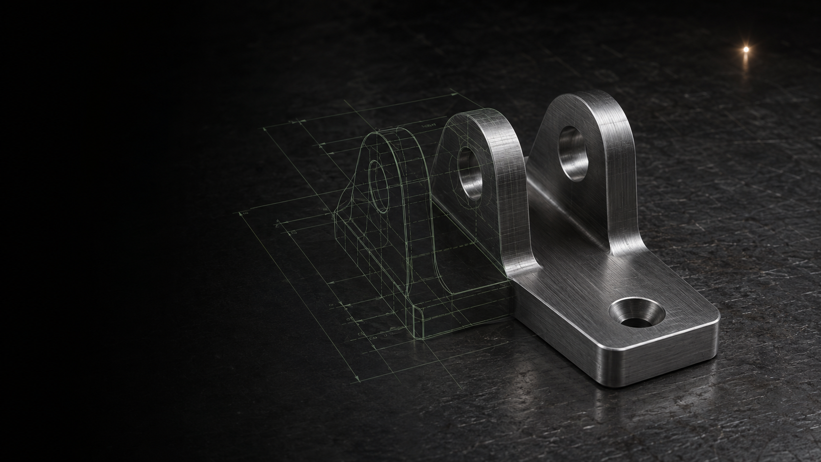 CAD wireframe transitioning into a finished machined bracket